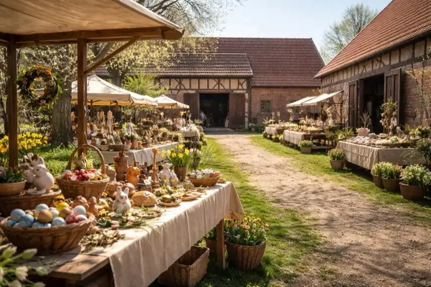 Marktstände mit Osterdekoration und Kunsthandwerk auf historischem Bauernhof beim Ostermarkt auf dem Schäferhof Langenstein im Harz