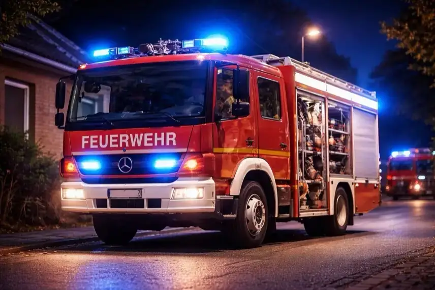 Feuerwehrauto mit Blaulicht bei Einsatz nach Verkehrsunfall in Darlingerode im Landkreis Harz nachts auf Straße geparkt