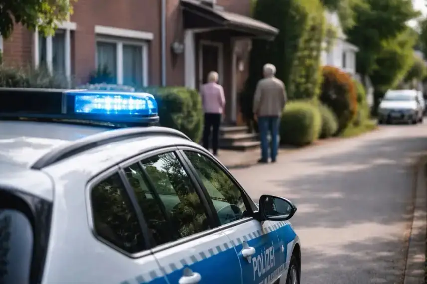 Polizeiauto mit Blaulicht in Wohnstraße bei Einsatz nach Nachbarschaftsstreit in Bad Harzburg vor Wohnhäusern mit zwei Personen im Hintergrund