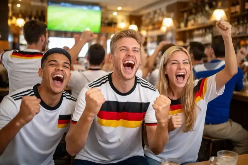 Fußballfans im Deutschlandtrikot jubeln in einer Kneipe beim Public Viewing während eines Fußballspiels auf einem Fernseher im Hintergrund