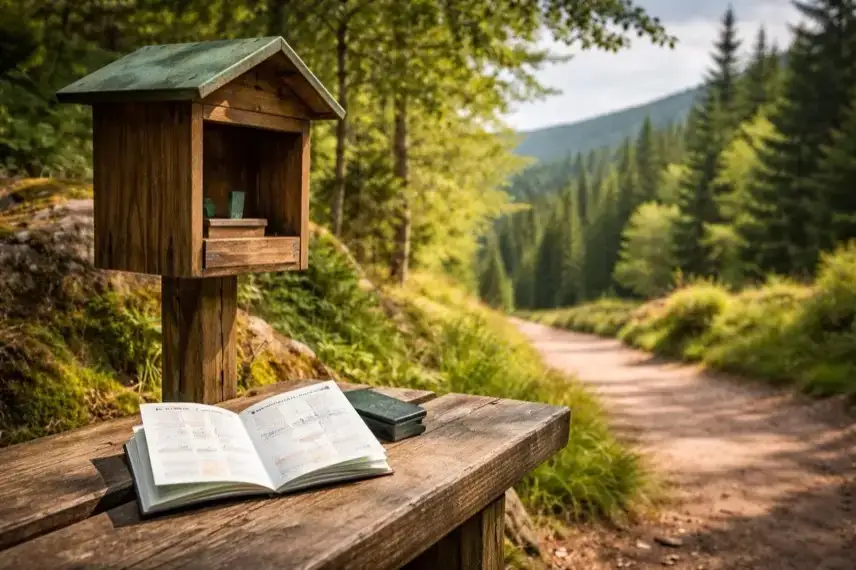 Stempelstelle der Harzer Wandernadel an einem Wanderweg im Harz mit Wanderpass auf Holzbank und Waldlandschaft im Hintergrund