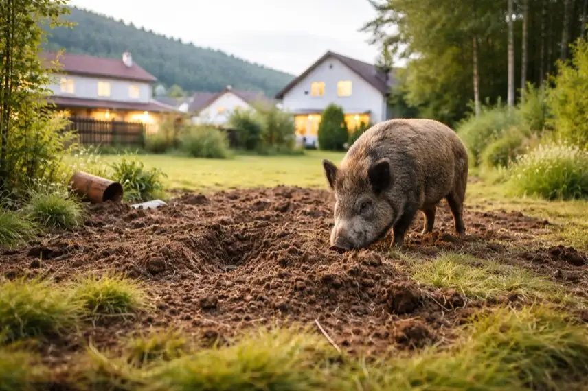 Aufgewühlter Garten am Stadtrand mit Wildschweinspuren nahe Wohngebiet in Wernigerode im Landkreis Harz