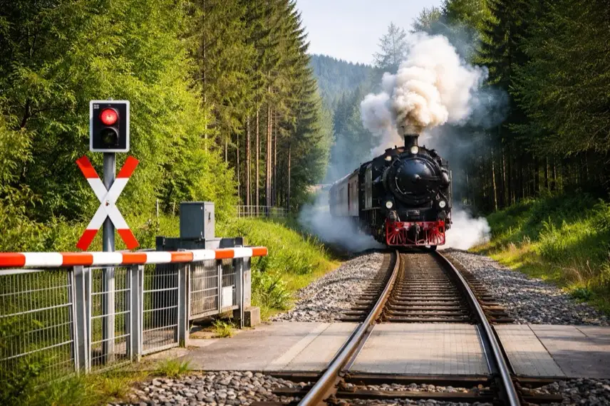 Dampflok der Harzer Schmalspurbahnen auf schmalspuriger Strecke im Harz mit Gleisen und Bahnübergang, Infrastruktur der Harzer Schmalspurbahnen Sachsen-Anhalt