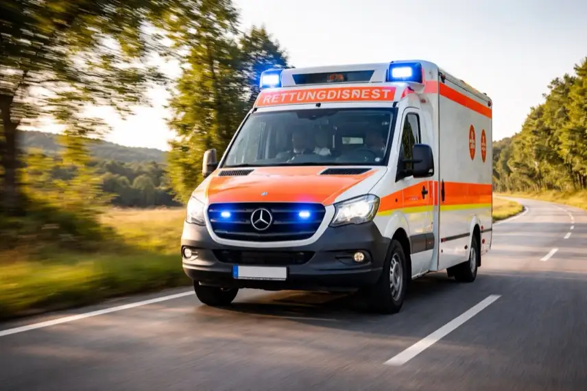 Rettungswagen mit Blaulicht fährt auf Landstraße durch ländliche Umgebung, Einsatzfahrzeug des Rettungsdienstes unterwegs zu Notfall.