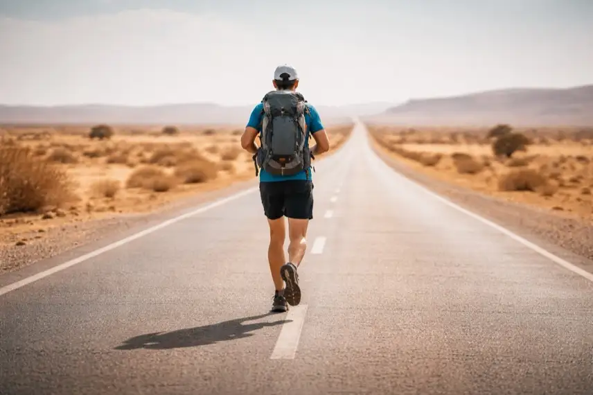 Läufer auf langer Straße in trockener Landschaft beim Extremlauf Senegal Deutschland über 6500 Kilometer