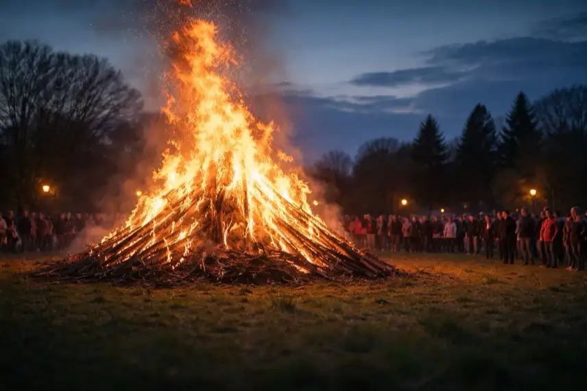 Brennendes Osterfeuer auf freier Fläche am Abend bei Ostern in Goslar 2026 mit Menschen im Hintergrund