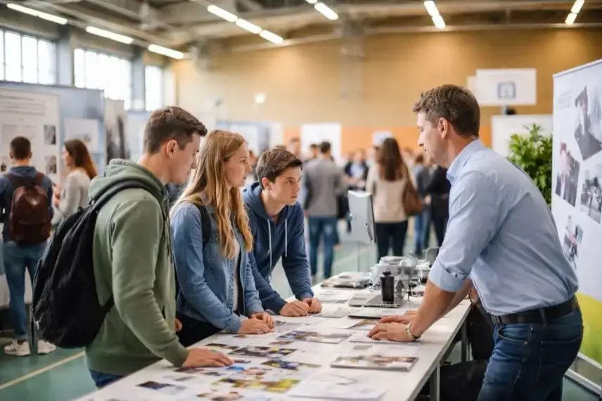 Jugendliche sprechen in einer Sporthalle mit Ausstellern bei einer Berufsorientierungsmesse in Blankenburg (Harz)
