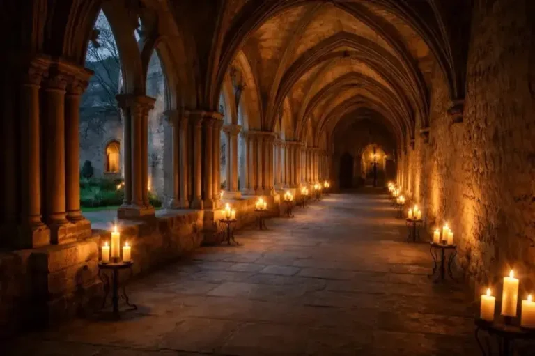 Beleuchteter Kreuzgang im ZisterzienserMuseum Kloster Walkenried während einer Abendveranstaltung im April 2026