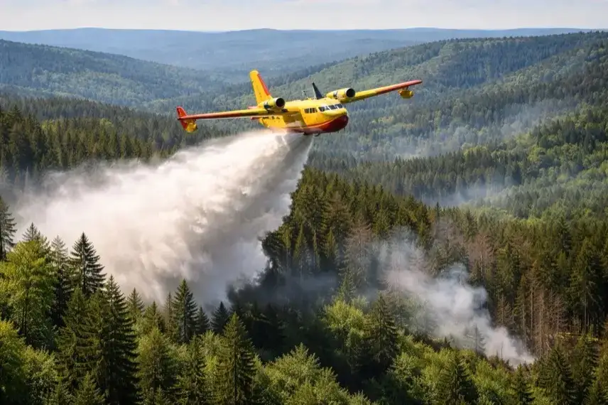 Löschflugzeug wirft Wasser über Waldgebiet im Harz bei Waldbrandbekämpfung nahe Ballenstedt