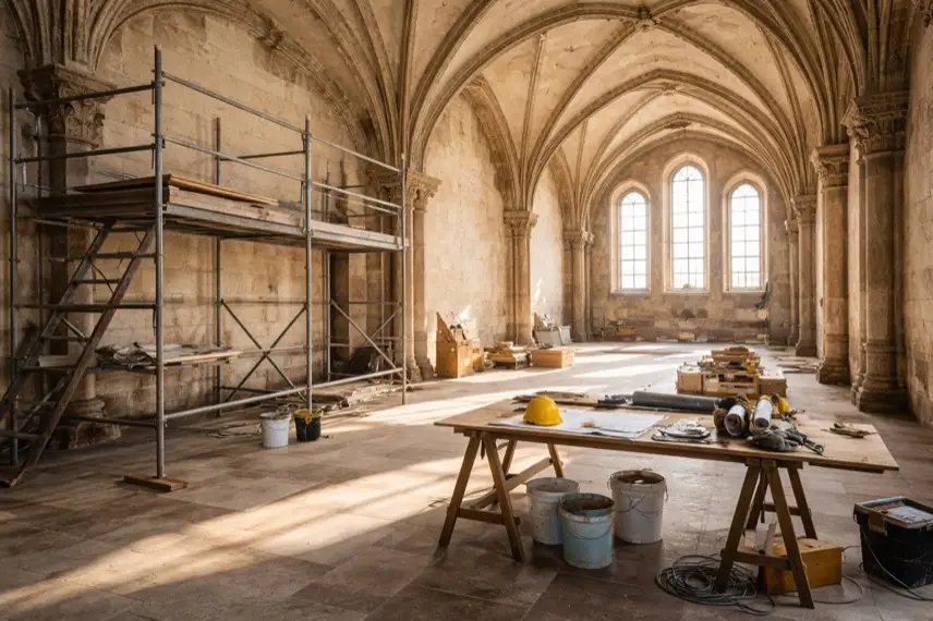 Stiftsberg Quedlinburg mit Stiftskirche St. Servatii nach Sanierung, historische Gebäude und gepflasterter Weg im Harz