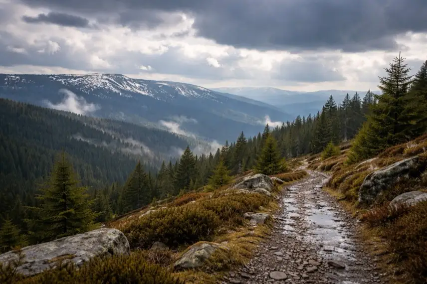 Harz Landschaft mit Wolken, Schneeresten und nassem Wanderweg bei kühlem Osterwetter und wechselhaften Bedingungen