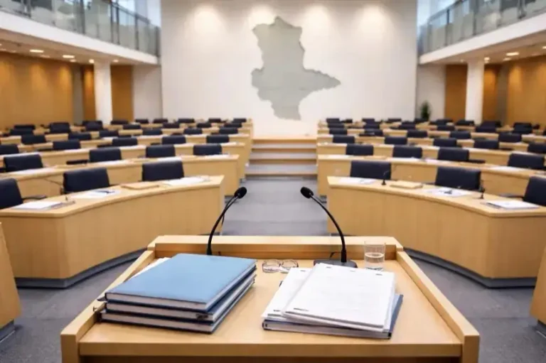 Leerer parlamentarischer Sitzungssaal mit Rednerpult und Sitzreihen, Symbol für Landtag Sachsen-Anhalt und Debatte über Verfassungsänderung