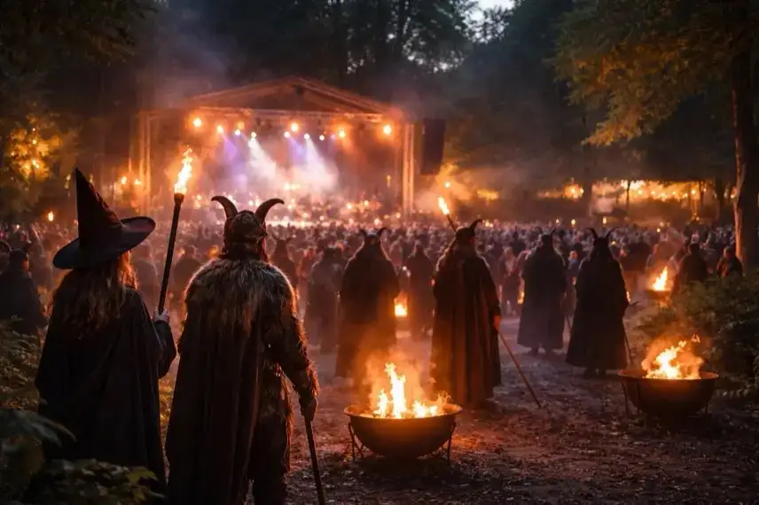 Walpurgisnacht im Harz mit verkleideten Figuren, Feuerstellen und Bühne im Park bei Abendveranstaltung im Vitalpark Bad Sachsa