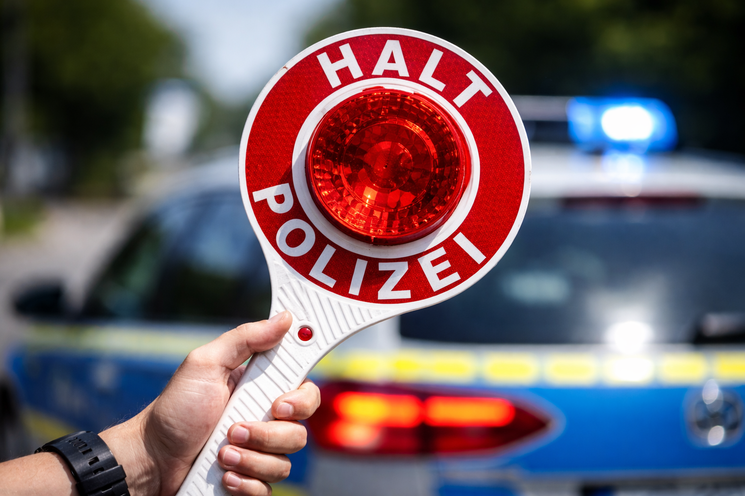 Hand hält Polizeikelle bei Verkehrskontrolle vor Polizeiauto, Kontrolle im Straßenverkehr wegen Alkoholfahrt