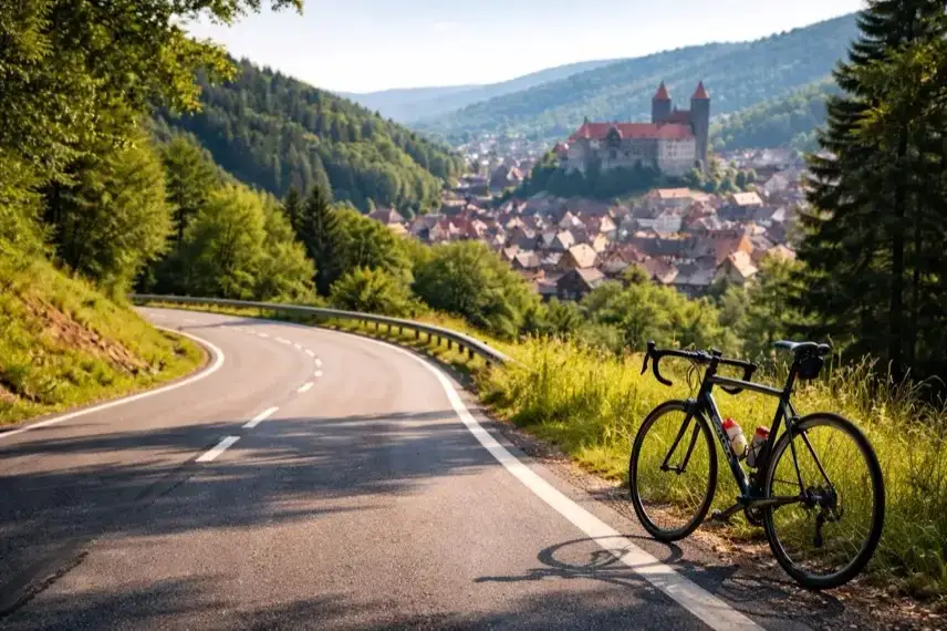 Kurvenreiche Straße im Harz mit Rennrad, im Hintergrund historische Altstadt wie Quedlinburg bei möglicher Tour de France Strecke