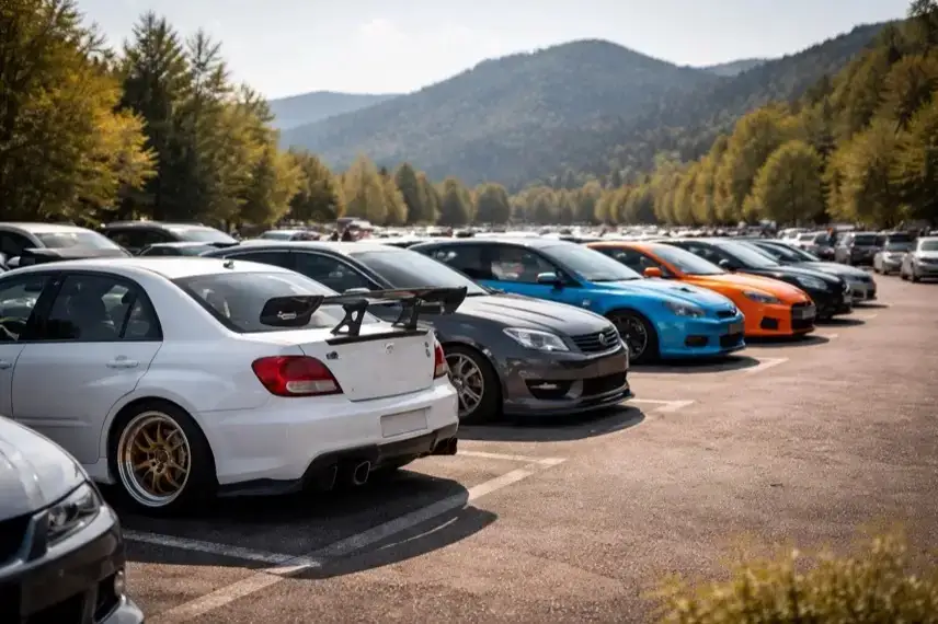 Getunte Fahrzeuge auf Parkplatz im Harz beim Car-Samstag in Blankenburg, dicht nebeneinander aufgestellt