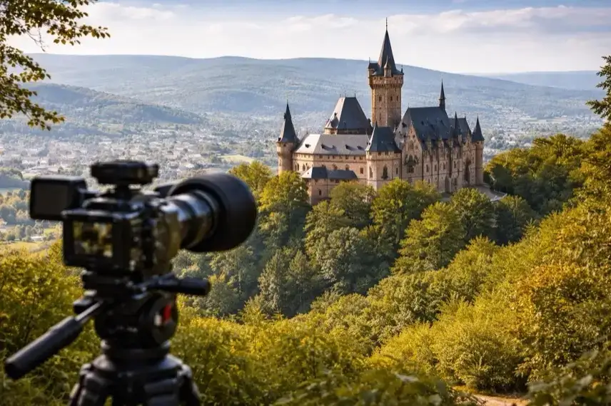 Schloss auf Hügel im Harz mit Filmkamera im Vordergrund, historische Kulisse für Dreharbeiten in Wernigerode