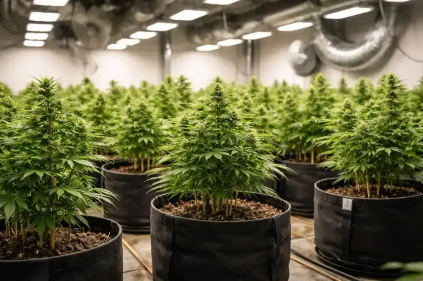 Indoor-Anlage mit Cannabispflanzen in Töpfen, Beleuchtung und Lüftungssystem in einem kontrollierten Anbauraum