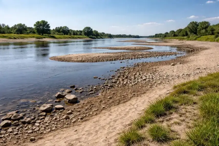 Elbe Niedrigwasser mit freiliegenden Sandbänken und trockenem Flussufer in Sachsen-Anhalt