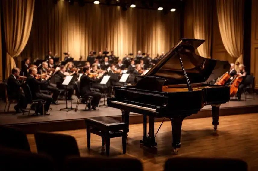 Konzertsaal mit Flügel und Orchester auf Bühne beim Konzert des Philharmonischen Kammerorchesters Wernigerode