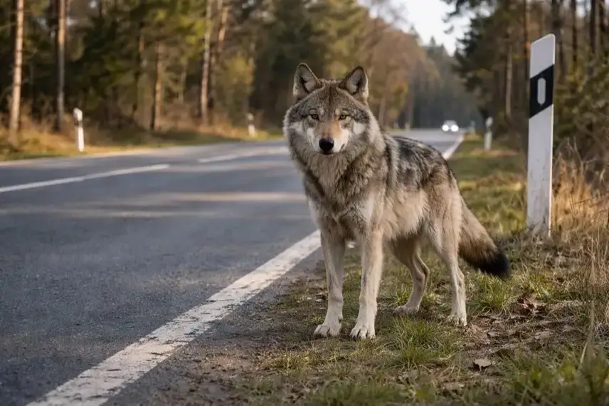 Wolf liegt am Straßenrand neben Waldgebiet bei Dämmerung, Verkehrsunfall in Sachsen-Anhalt