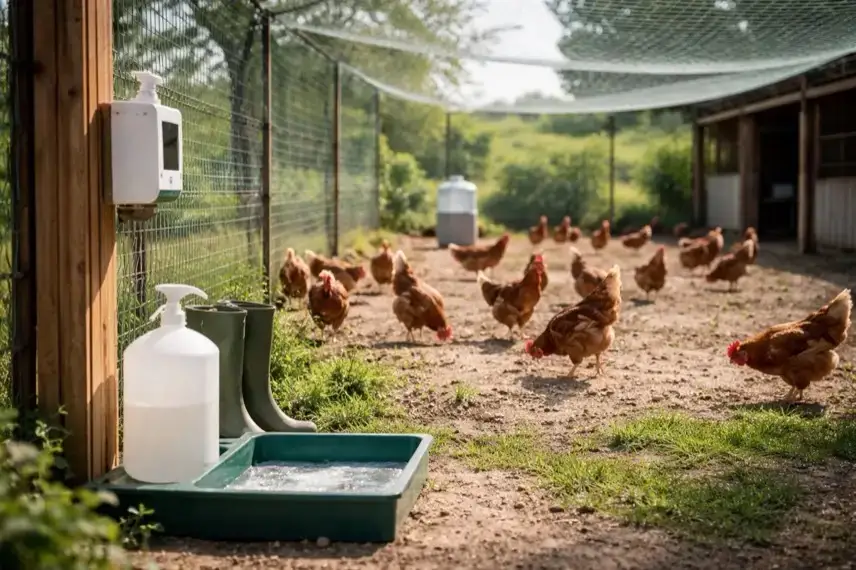Hühner in gesichertem Auslauf mit Netz und Hygienestation im Landkreis Harz während Maßnahmen gegen Geflügelpest