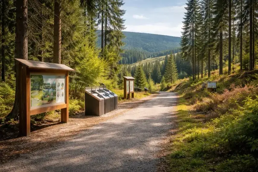 Wanderweg im Harz mit interaktiven Stationen zu Klimalehrpfaden, Waldentwicklung und Wasserhaushalt in natürlicher Landschaft