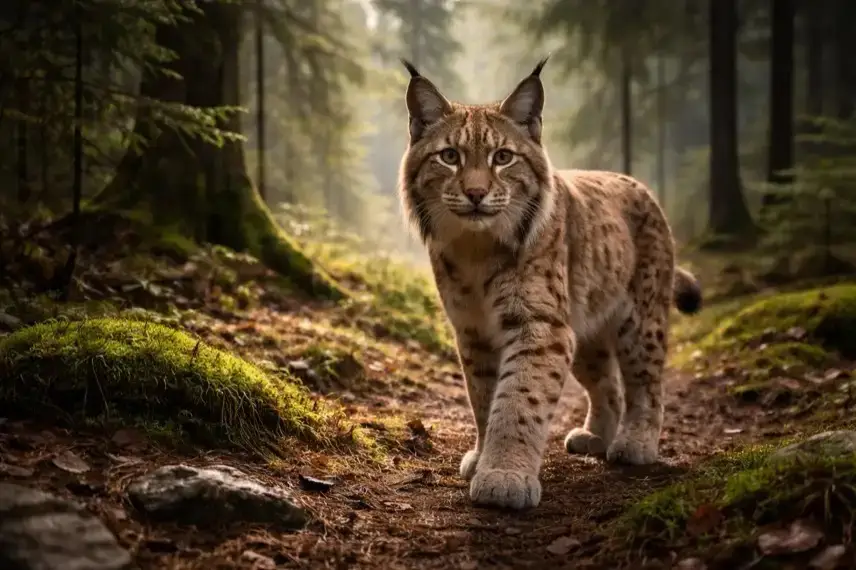 Luchsspuren im Waldboden im Harz, dichter Mischwald mit Nebel, Symbol für Luchs-Population und Wiederansiedlung in Deutschland