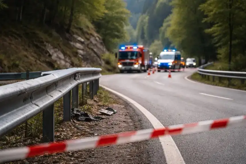 Kurvenreiche B498 im Harz mit beschädigter Leitplanke und abgesperrtem Straßenabschnitt nach Unfall im Okertal