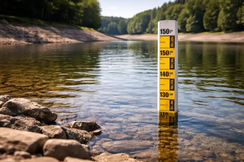 Abgesenkter Herzberger Teich in Goslar mit freigelegtem Damm und Uferbereich während technischer Prüfung und Hochwasserschutzmaßnahmen